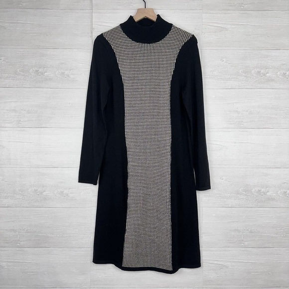 Lauren Ralph Lauren Merino Wool Sweater Dress Women Large Houndstooth Black - Picture 1 of 13